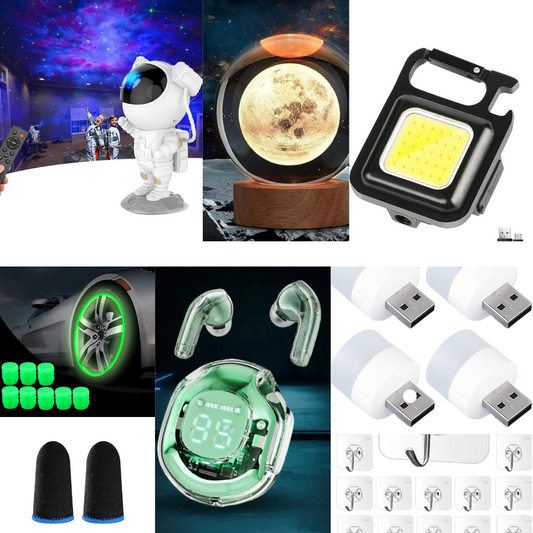 Apsonix™ Ultimate Cosmic Light Pack-Astronauts Galaxy Projector, 4 USB LED Lamps, Ultrapods Pro, 4 Adhesive Hooks, COB Rechargeable Keychain Light, 4 Tyre Lights, 3D Crystal Ball